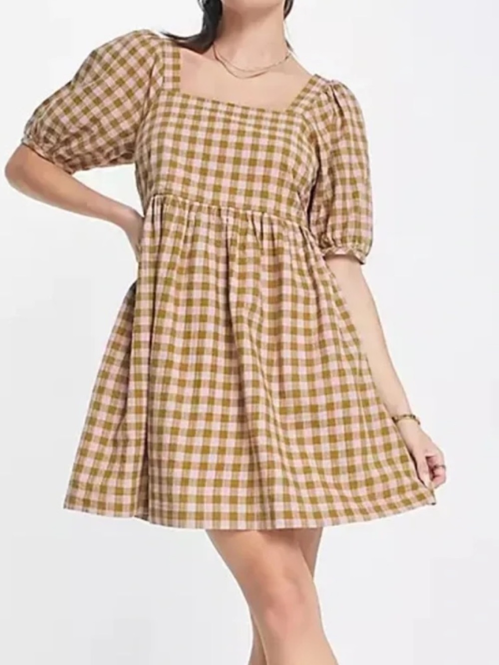 Madewell size medium 100% Cotton Pink and Olive Gingham Puff-Sleeve Dress